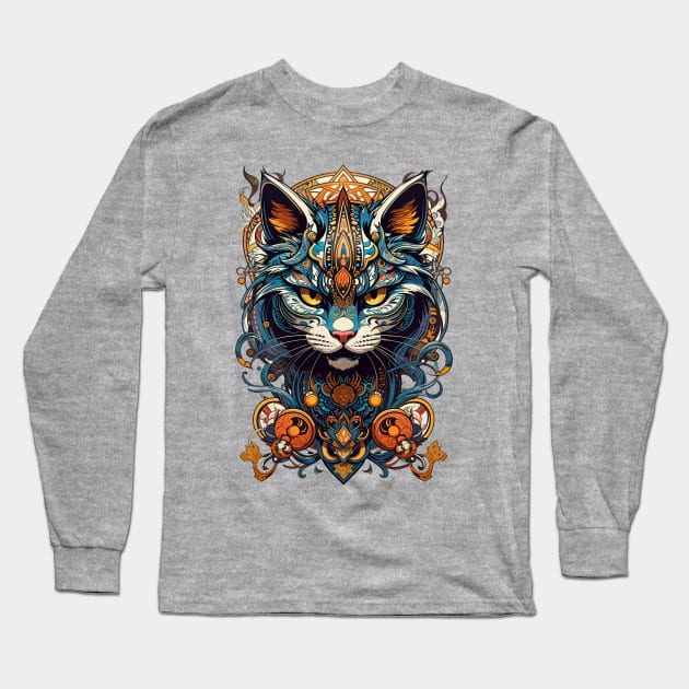 Devious Cat retro vintage tribal art aesthetic design Long Sleeve T-Shirt by Neon City Bazaar